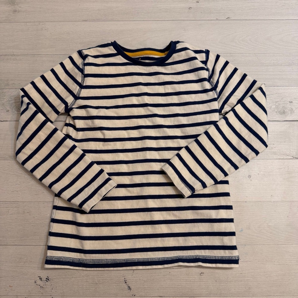 Mini Boden boys navy blue white striped long sleeve shirt 7/8